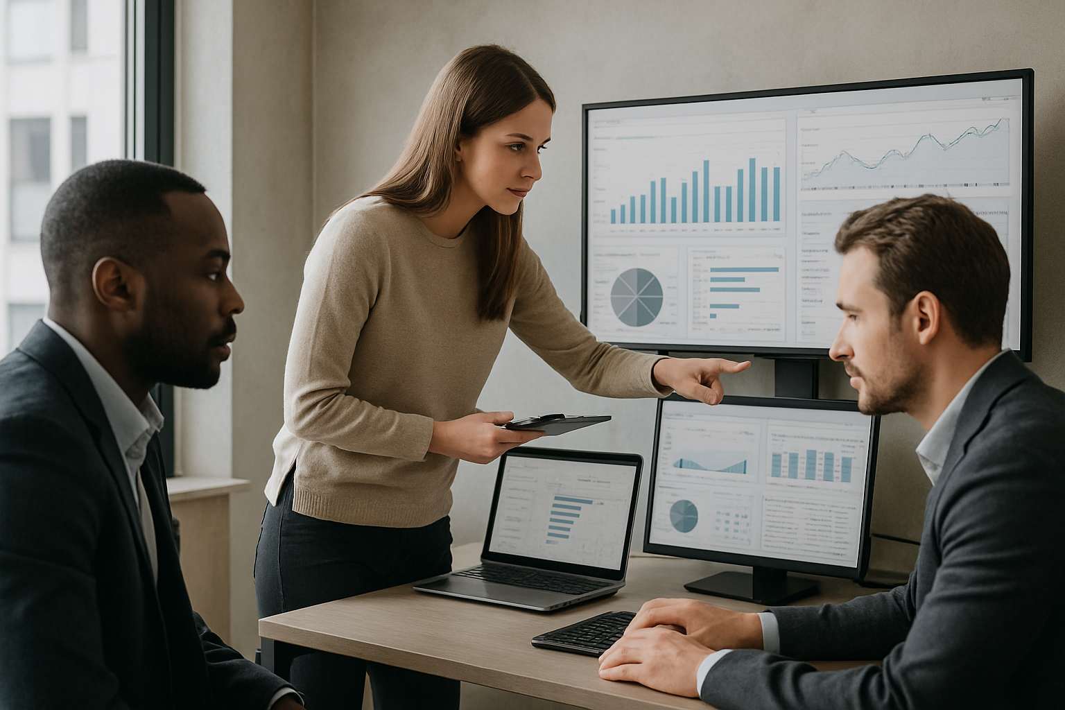 customer success team reviewing data on multiple screens in modern office