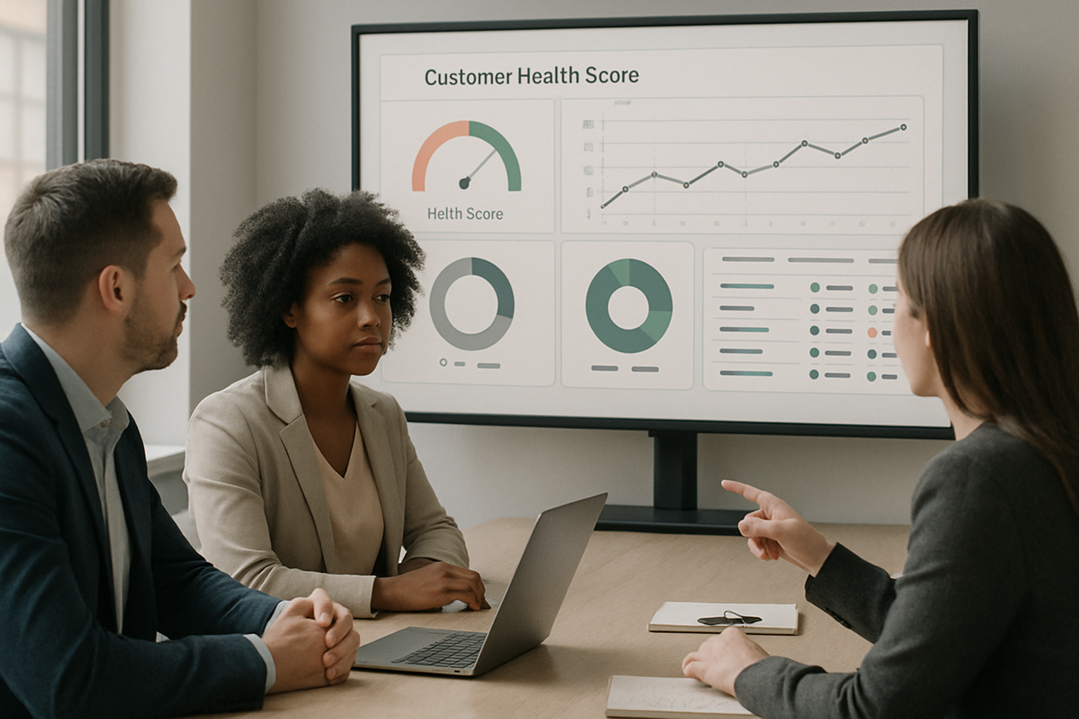 customer success team analyzing health score dashboards on large monitor