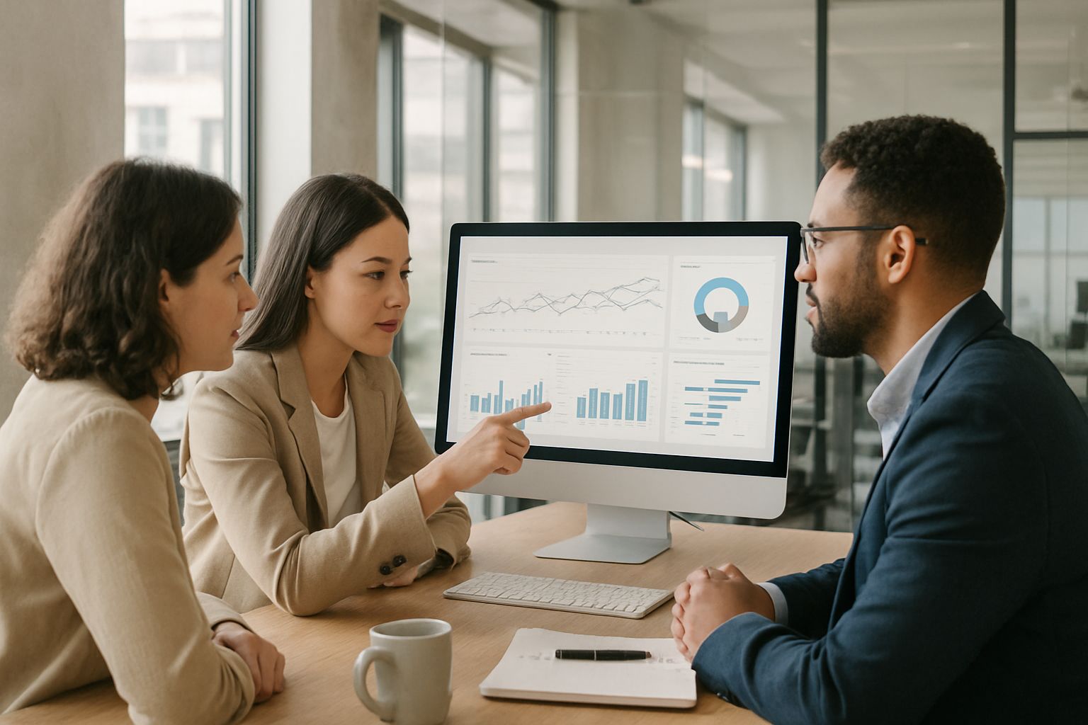 customer success team reviewing analytics dashboard in modern office