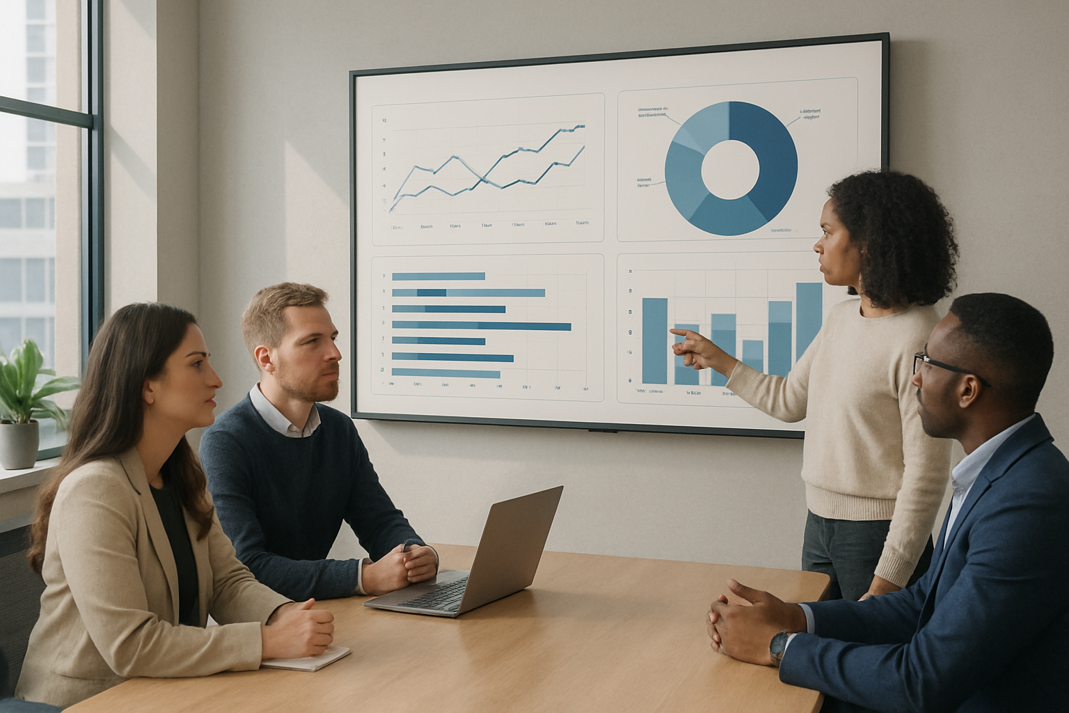 customer success team reviewing dashboard data on large screen in modern office