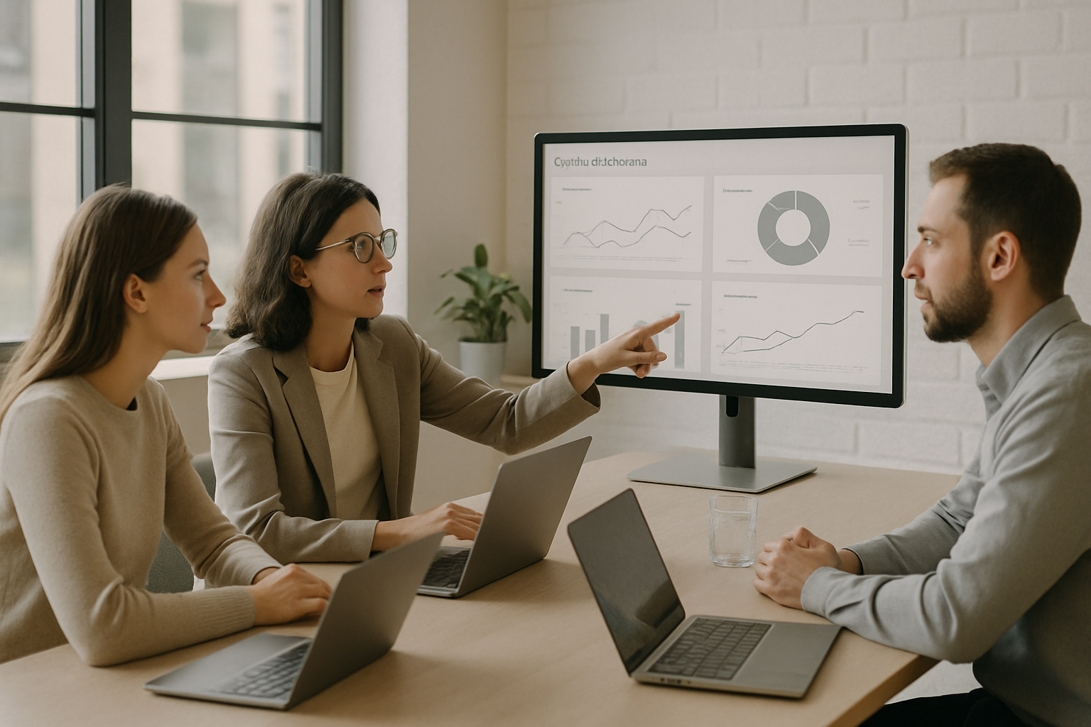 small customer success team reviewing dashboards in modern office