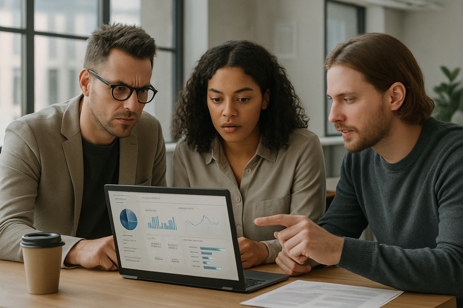 small startup team reviewing SaaS metrics on laptop in modern office