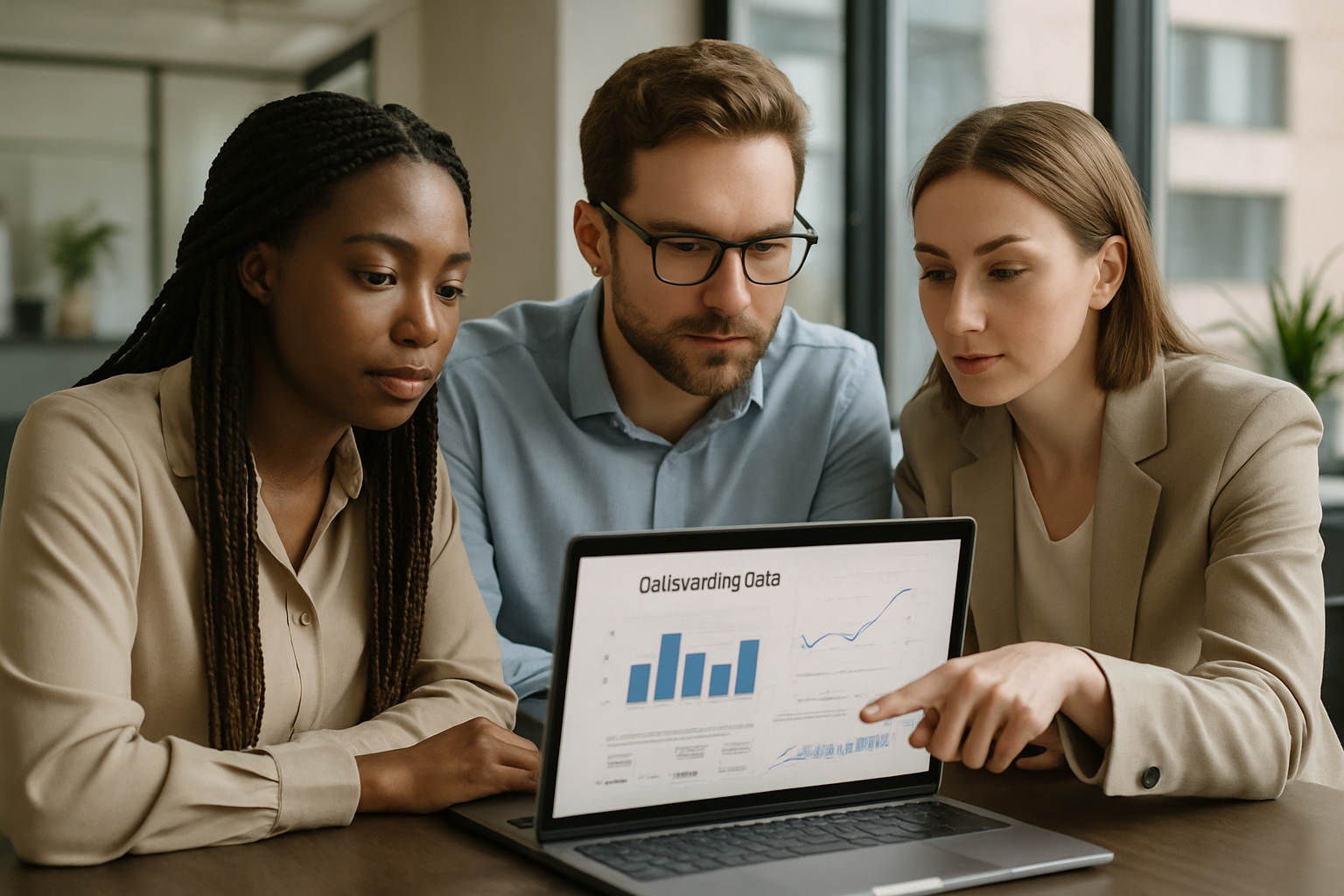 customer success team reviewing onboarding data on laptop in modern office