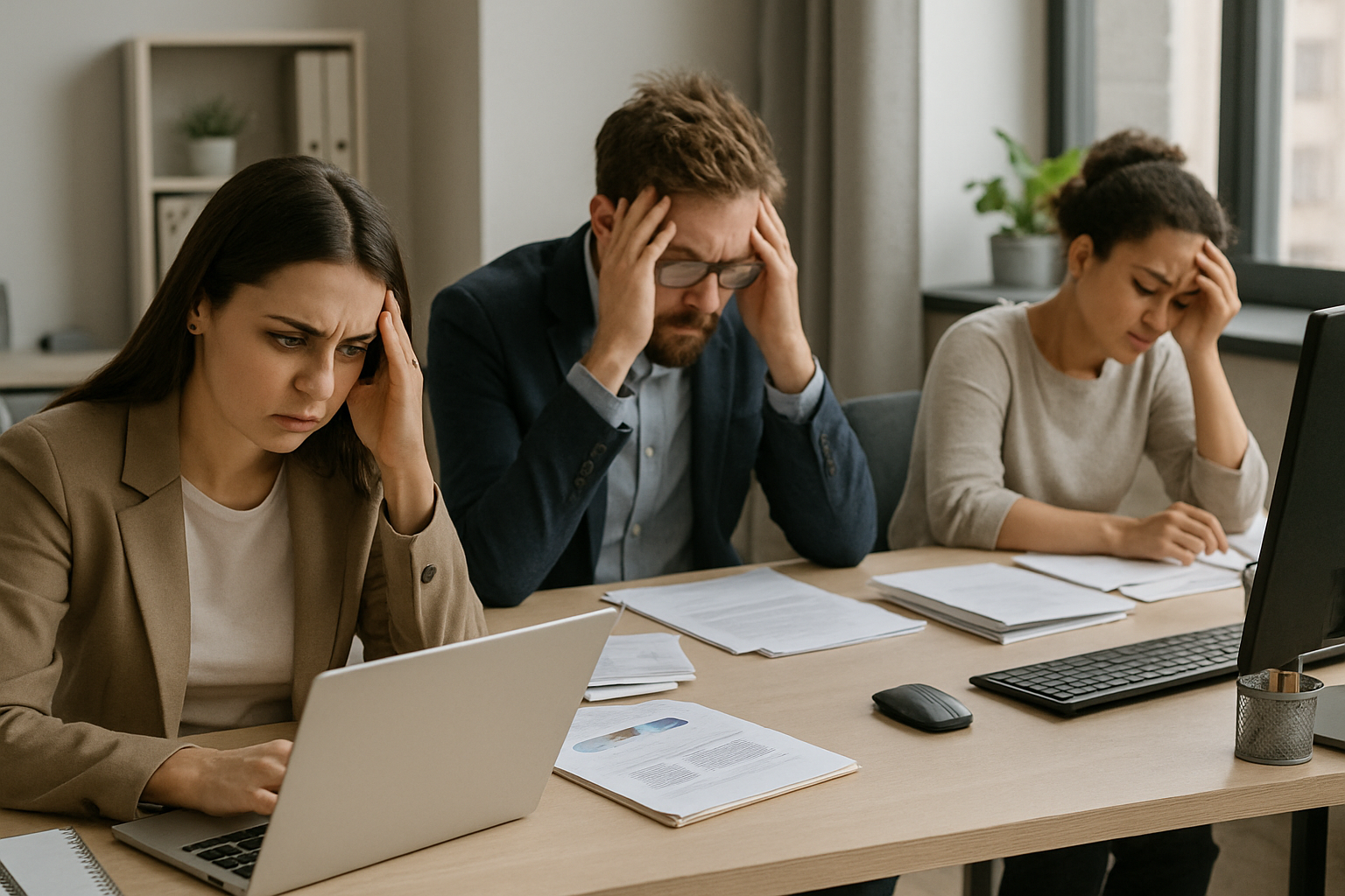 small team overwhelmed with work at modern office desks