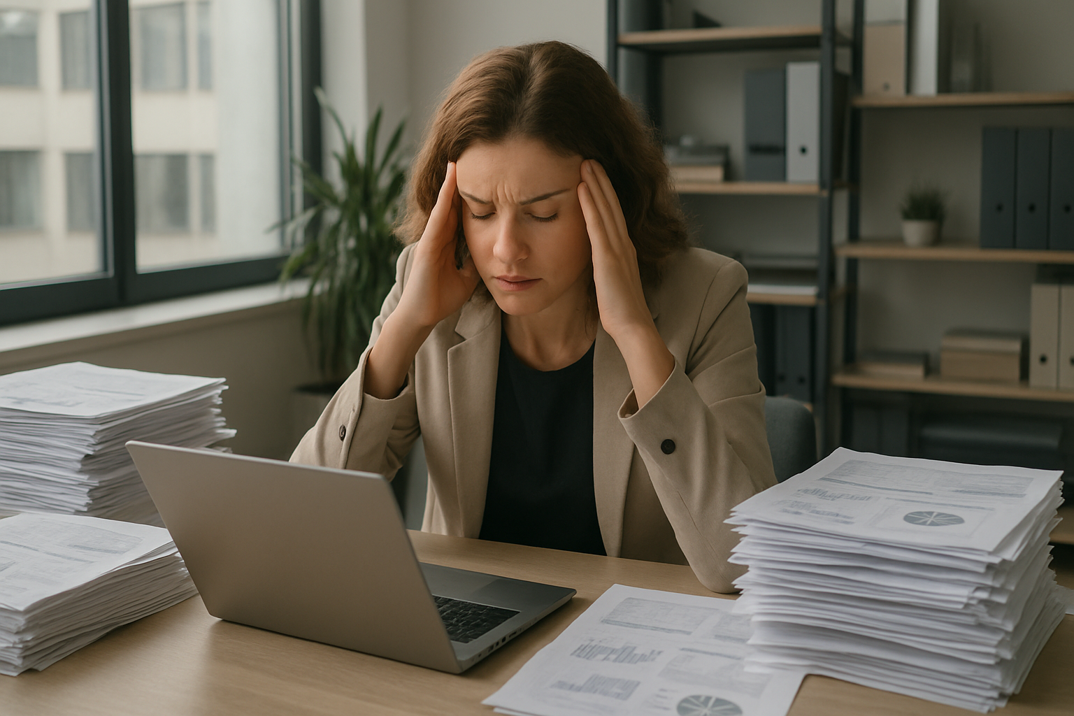 customer success manager overwhelmed with spreadsheets and laptop in modern office