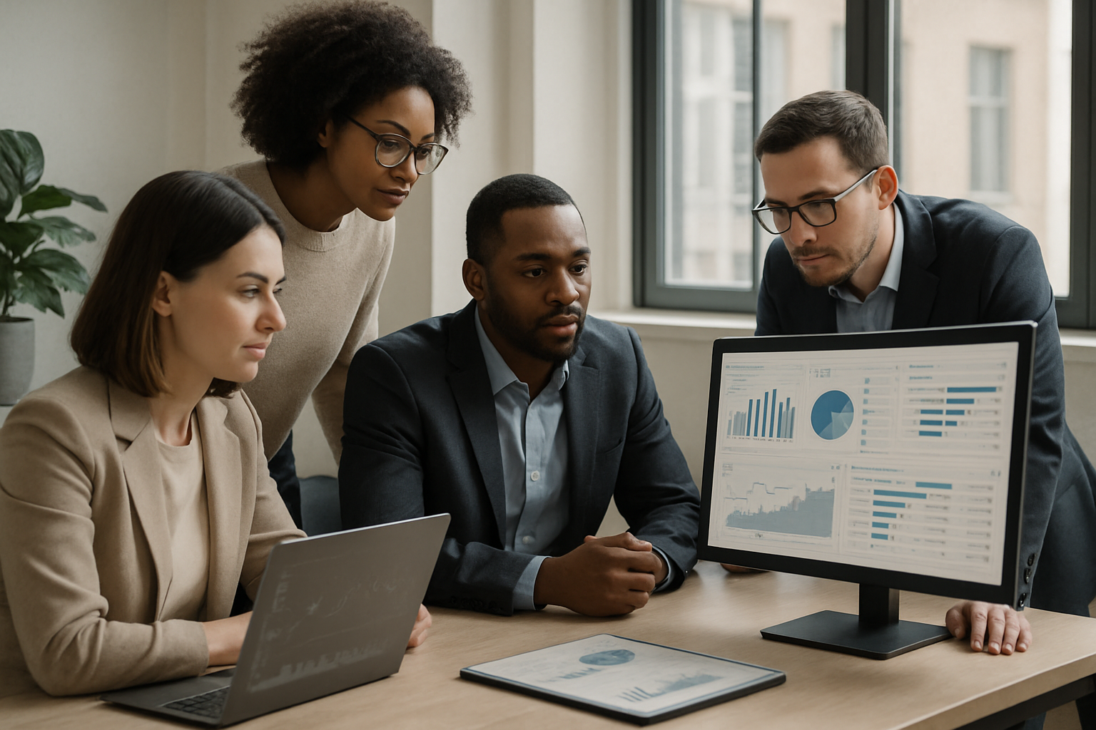 customer success team analyzing dashboards in modern office