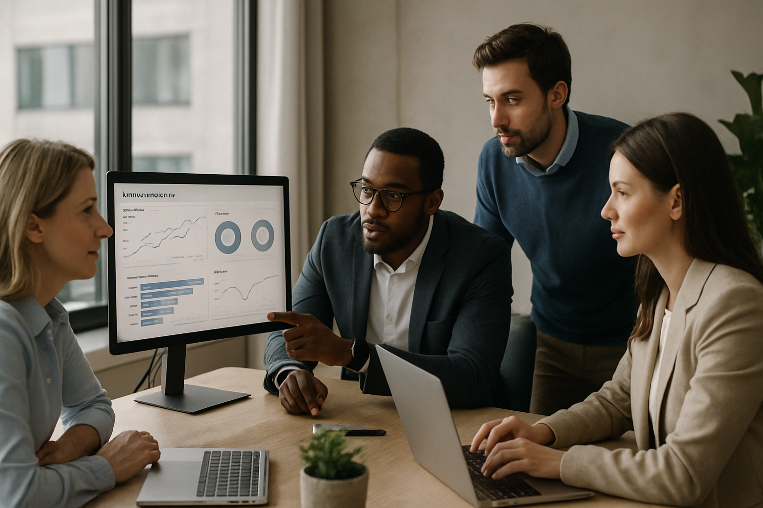 customer success team analyzing retention dashboards in modern office