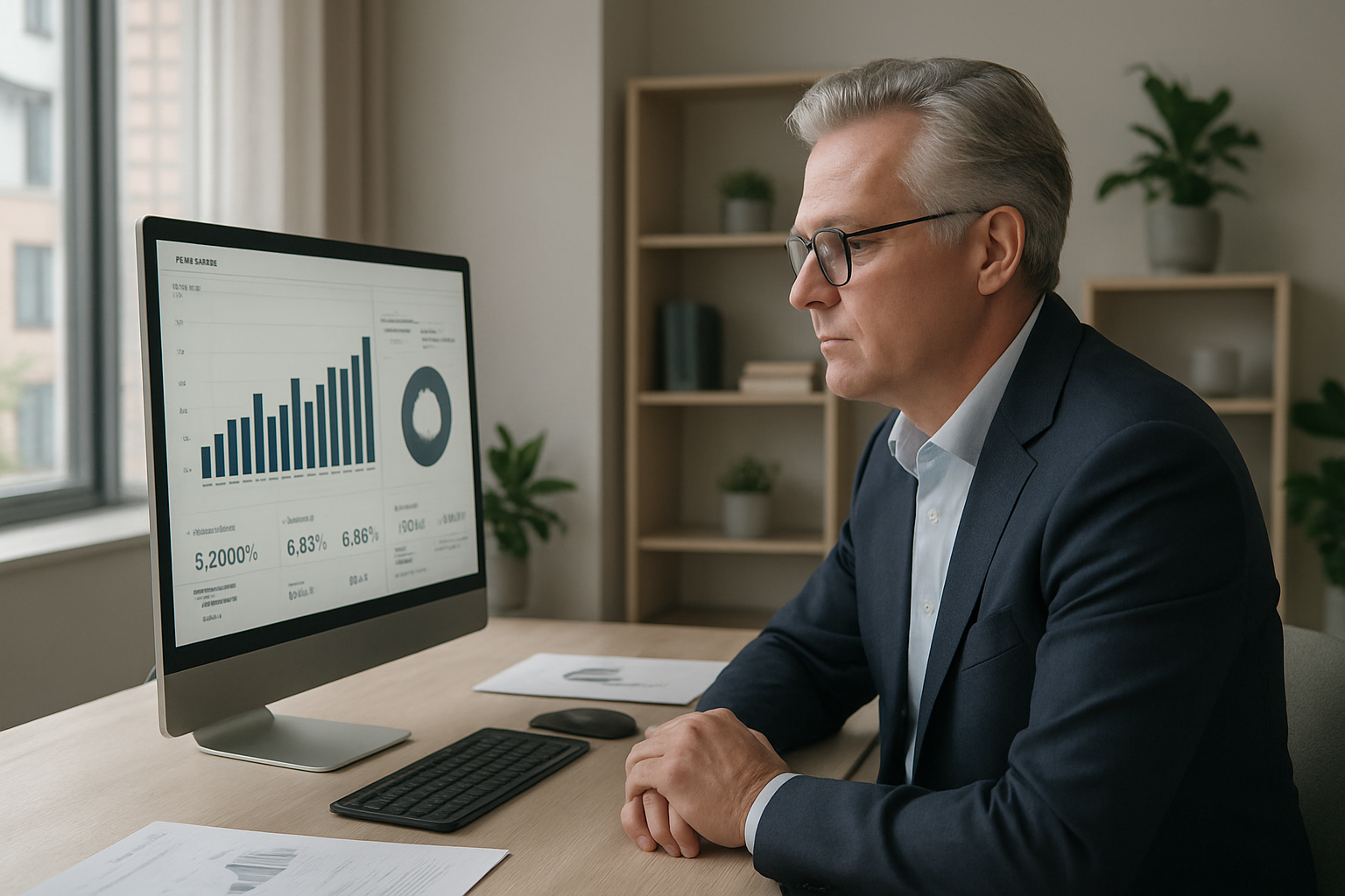 CFO reviewing financial dashboard in modern Swedish office