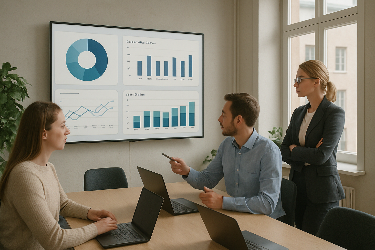 team analyzing customer service dashboards in modern Swedish office
