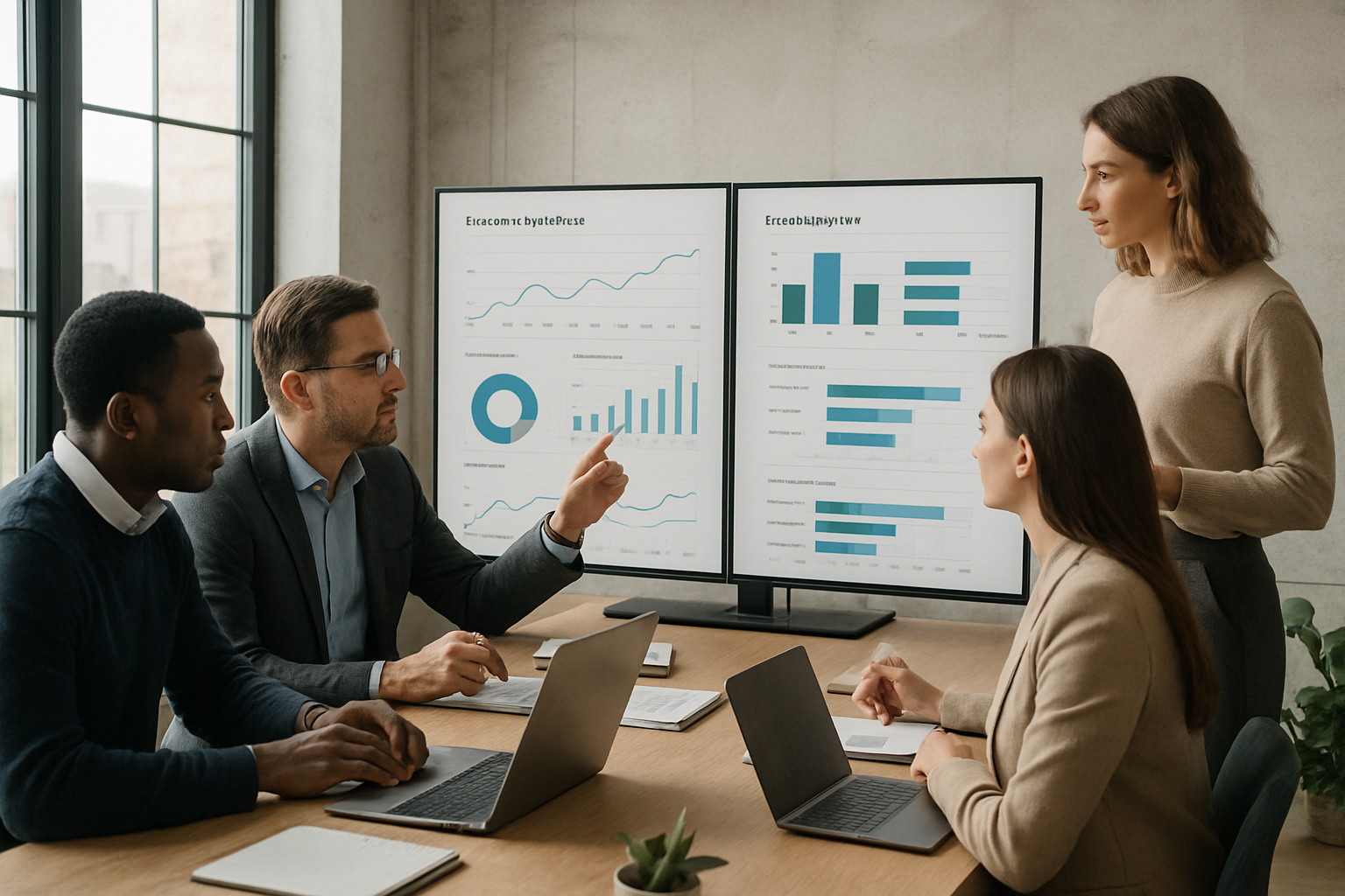 SaaS team analyzing customer health dashboards in modern office