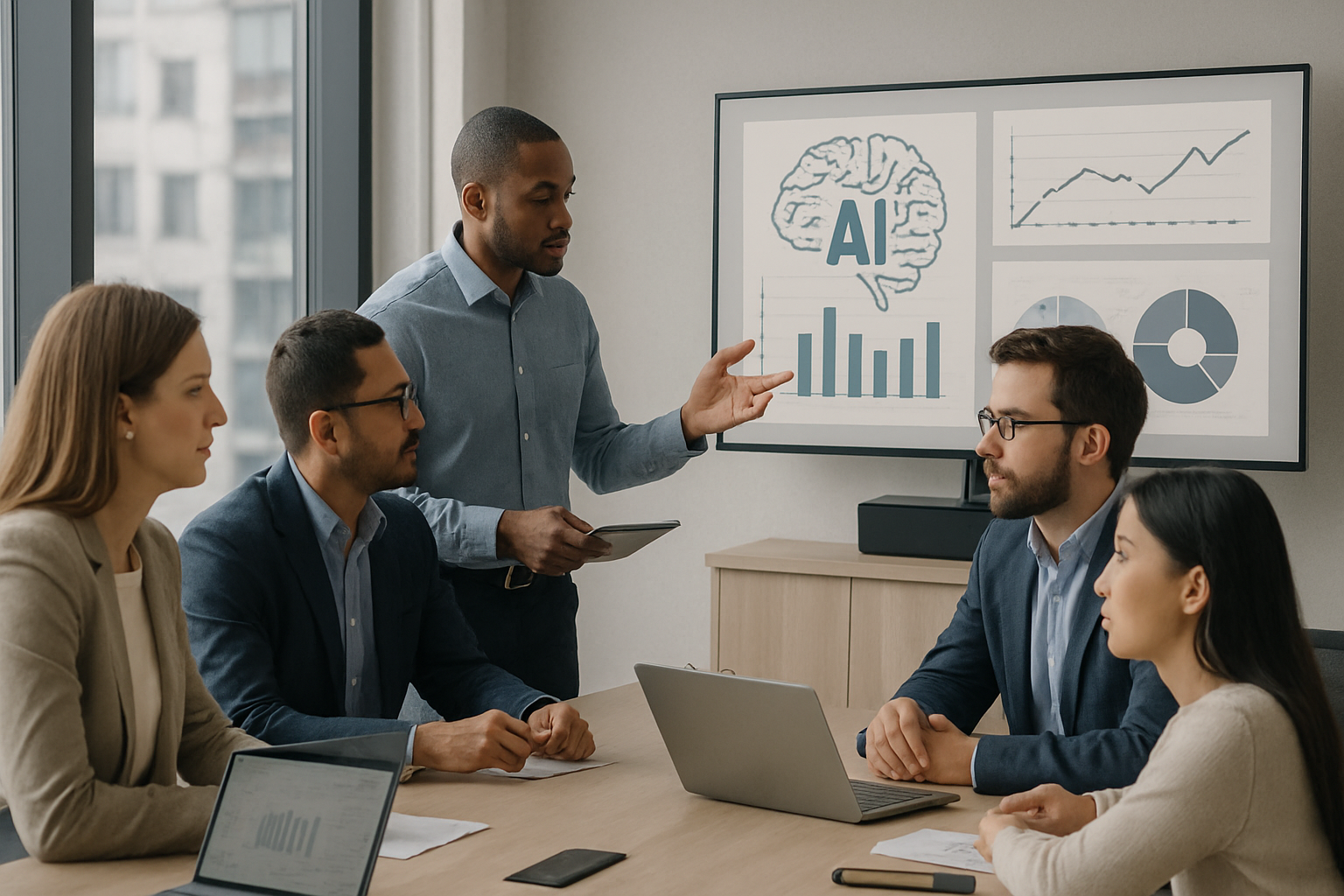 team analyzing AI dashboards in modern office