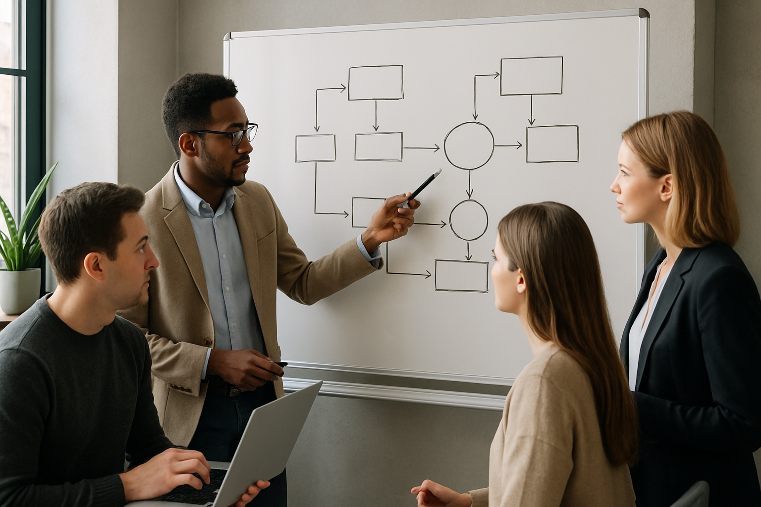 team analyzing process diagrams on whiteboard in modern office