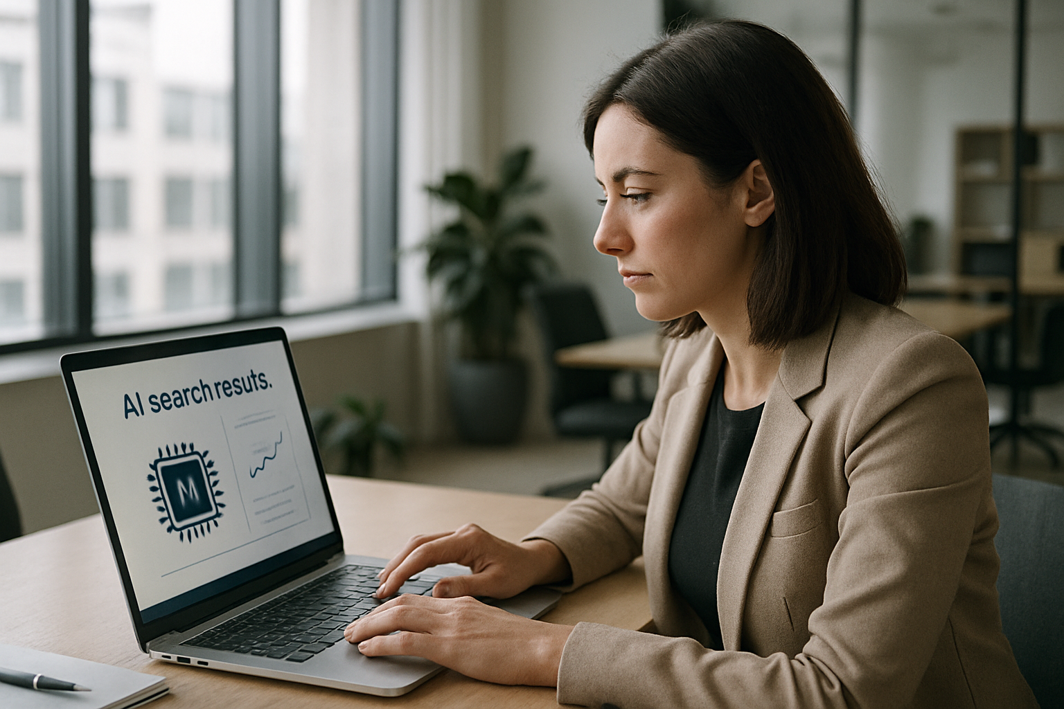 marketer analyzing AI search results on laptop in modern office