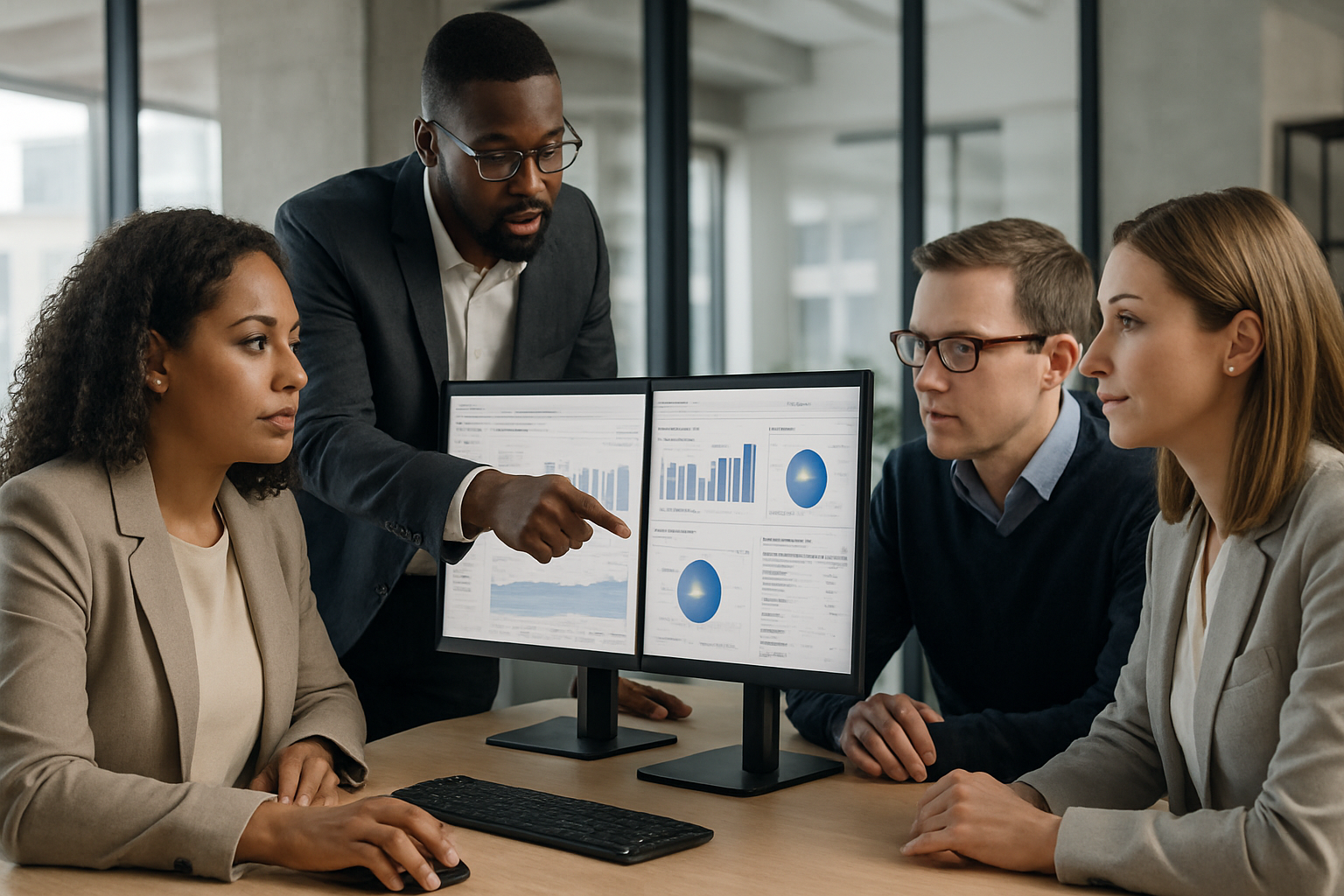 customer success team analyzing dashboards in modern office