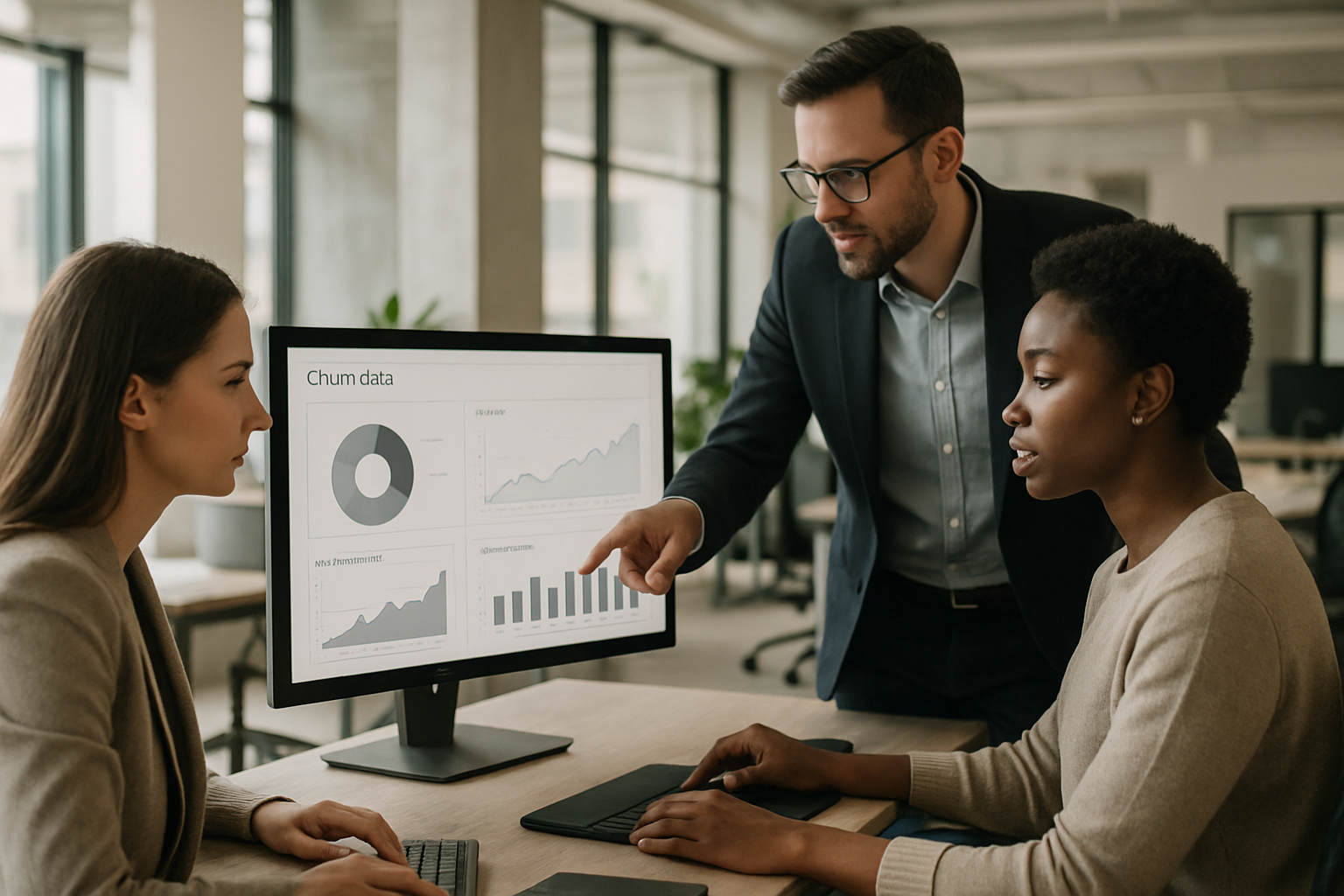 customer success team analyzing churn data on dashboards in modern SaaS office