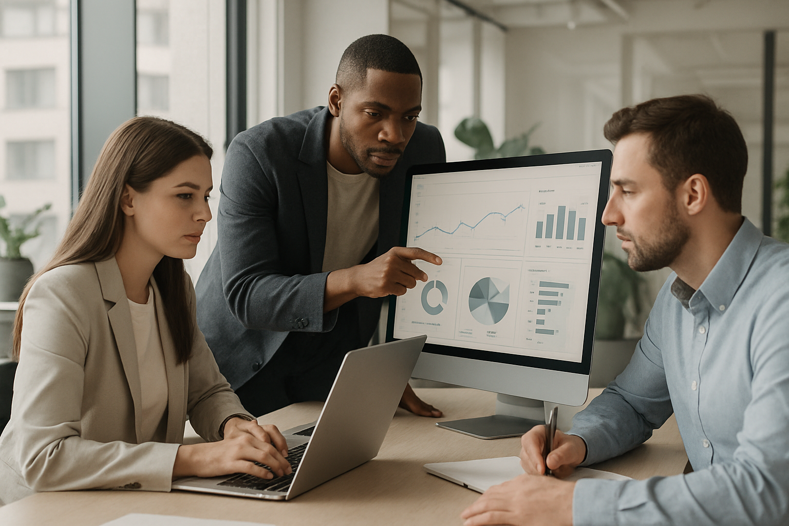 customer success team analyzing dashboard data in modern office