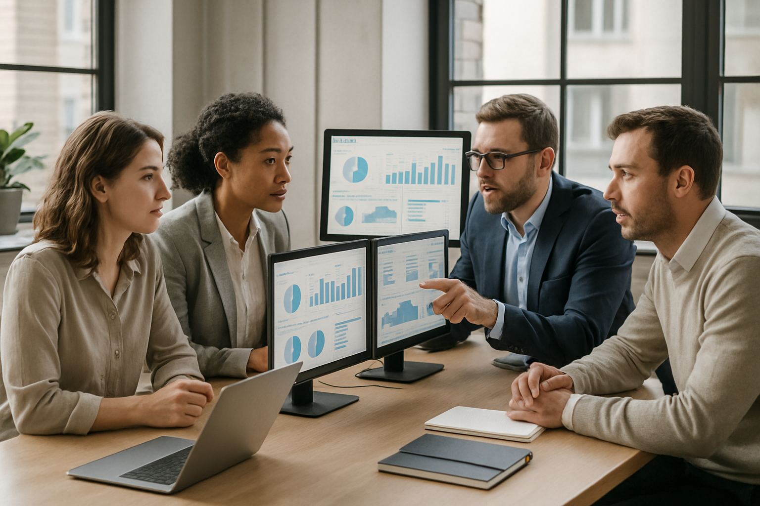 customer success team analyzing dashboards in modern office