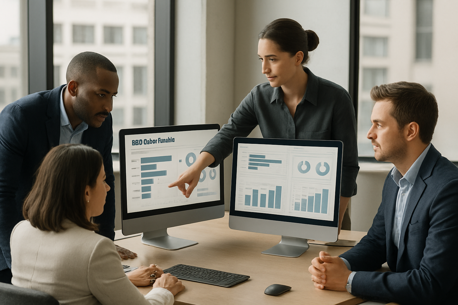 team analyzing B2B sales pipeline dashboards in modern office
