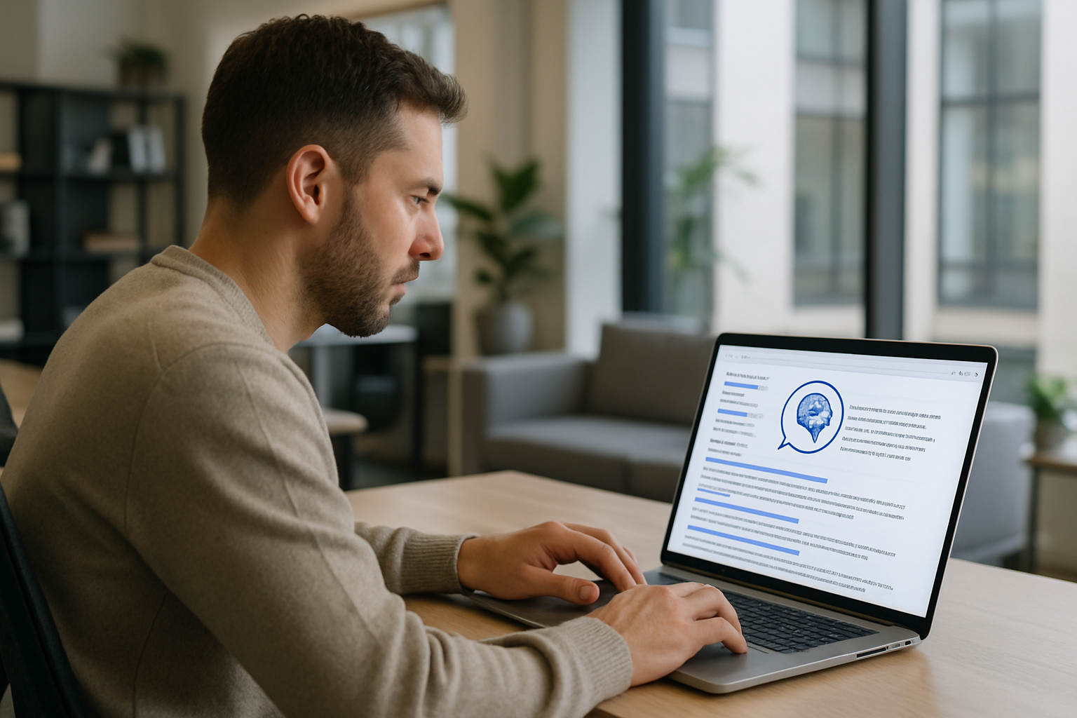 person reviewing AI-generated search results on laptop in modern office