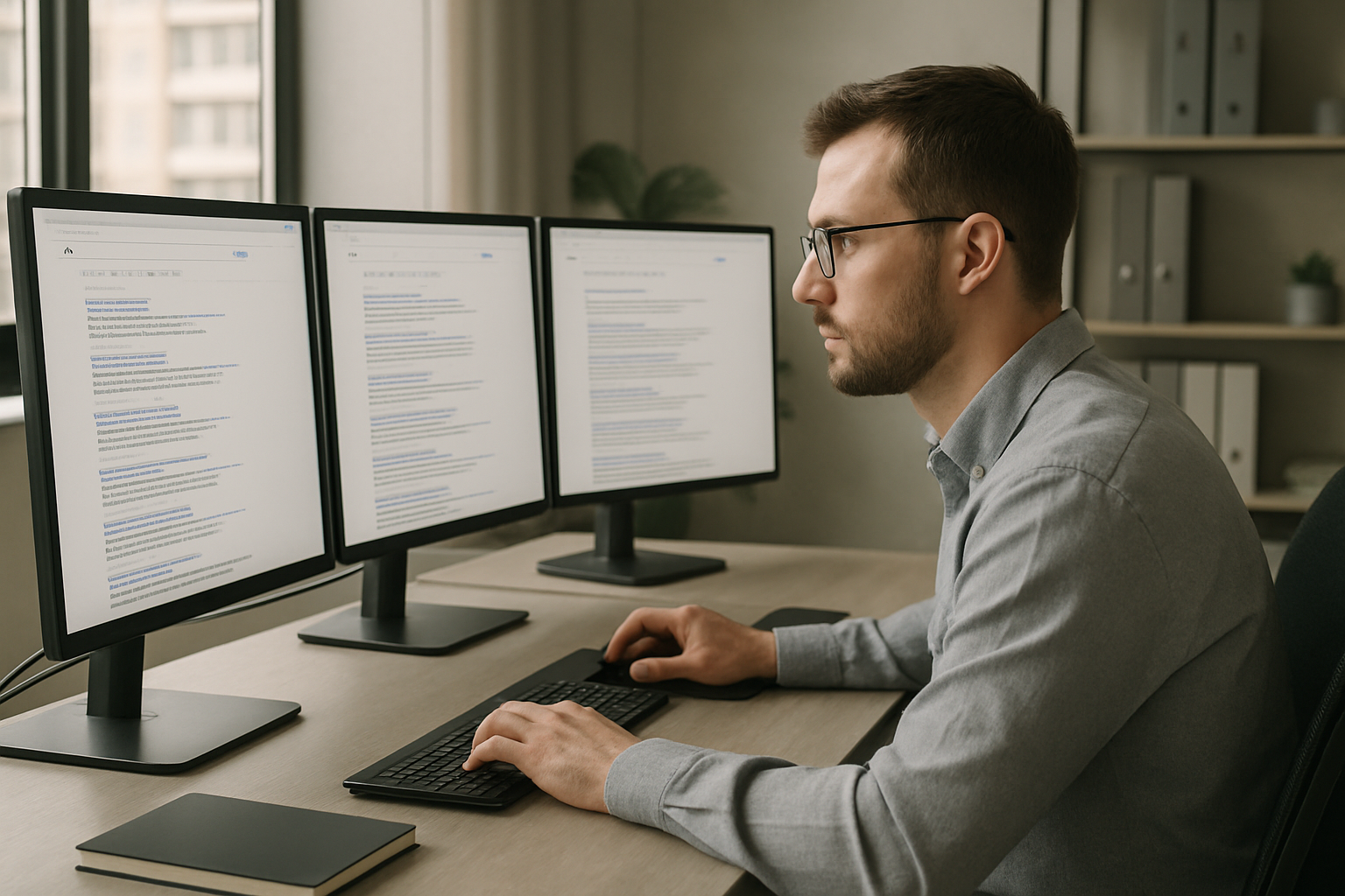 researcher analyzing search engine results on multiple monitors in modern office