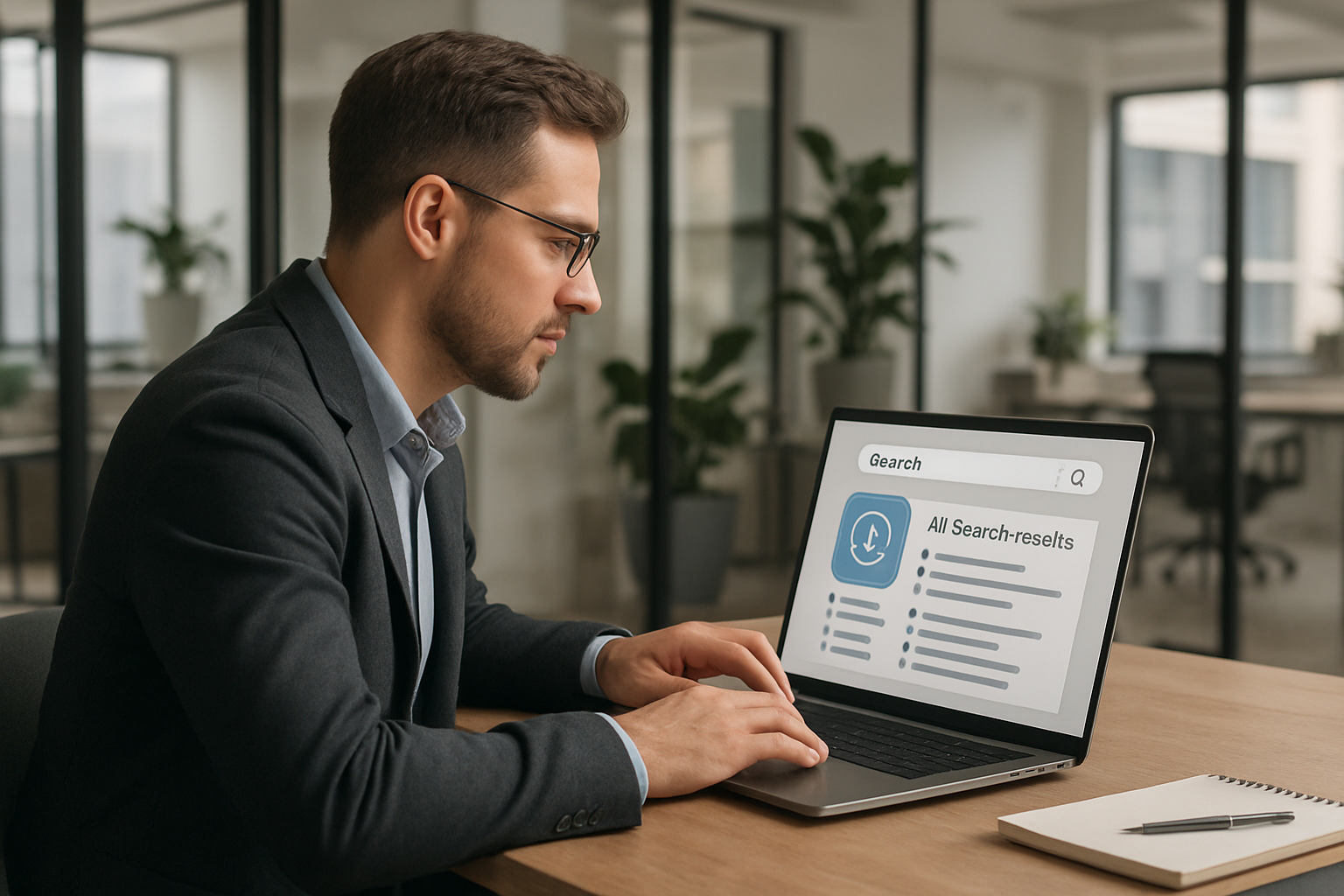 marketer analyzing AI search results on laptop in modern office
